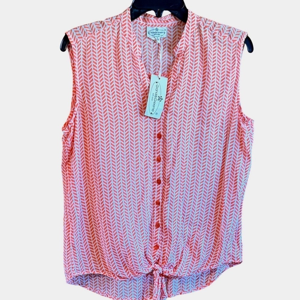 Grand & Greene Sz Small NWT Orange Chevron Tie Front Sleeveless Rayon Blouse - Picture 2 of 9